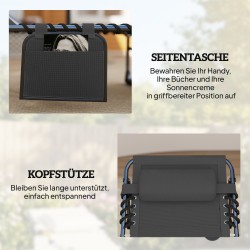 Kokoontaitettava aurinkotuoli puutarhaan, teräsrunko, 5-asentoinen selkänoja, patja ja niskatyyny, musta/harmaa