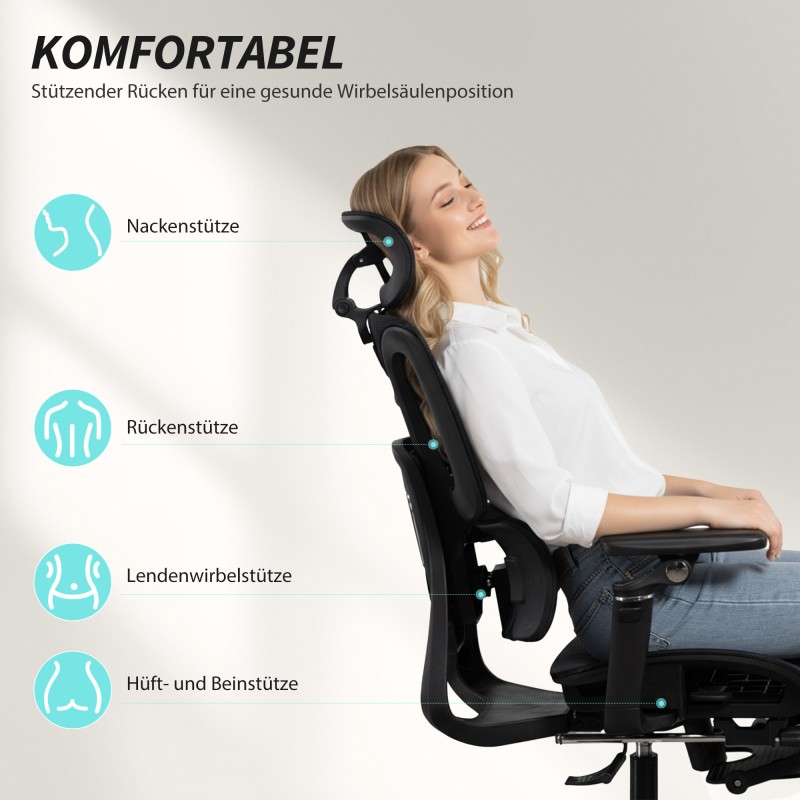 Ergonominen työtuoli säädettävällä niska- ja ristiseläntuella, 6D-käsinojat, jalkatuki, verkkokangas, musta