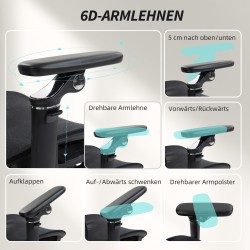Ergonominen työtuoli säädettävällä niska- ja ristiseläntuella, 6D-käsinojat, jalkatuki, verkkokangas, musta