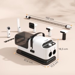 Lemmikkien turkinhoitolaite imurilla ja kuivaustoiminnolla, 5-osainen setti, valkoinen