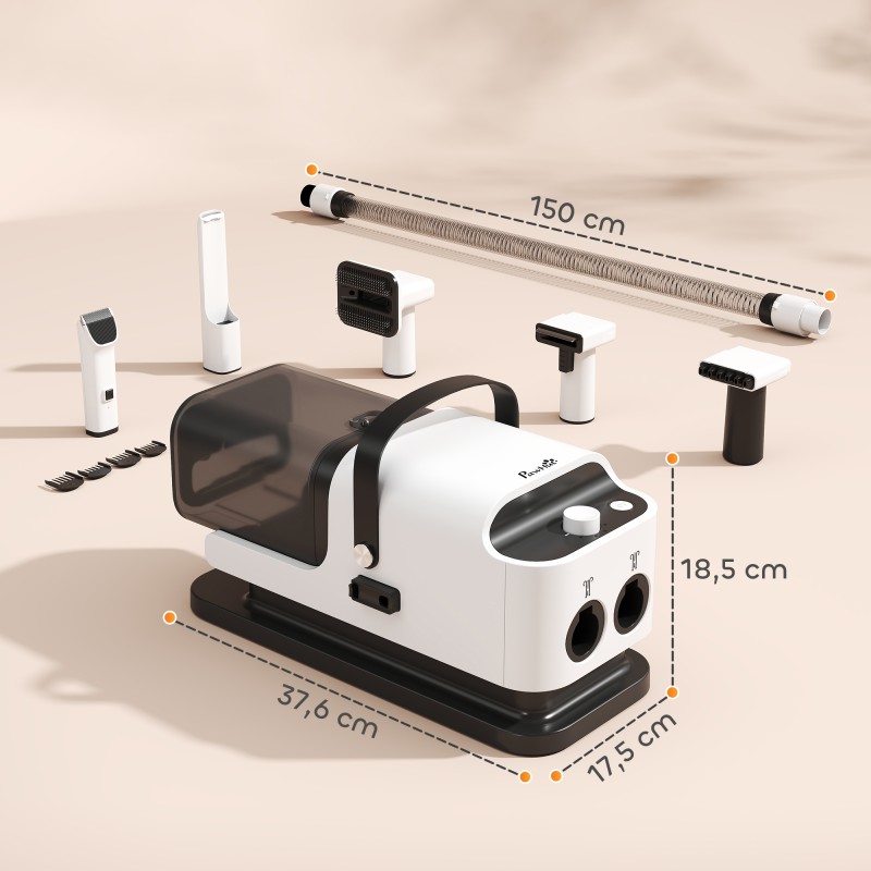Lemmikkien turkinhoitolaite imurilla ja kuivaustoiminnolla, 5-osainen setti, valkoinen