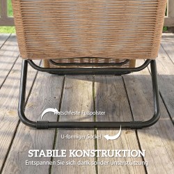 Polyrottinkinen aurinkotuoli ulkokäyttöön, S-mallinen lepotuoli pehmusteella, teräsrunko, creme/natur/musta