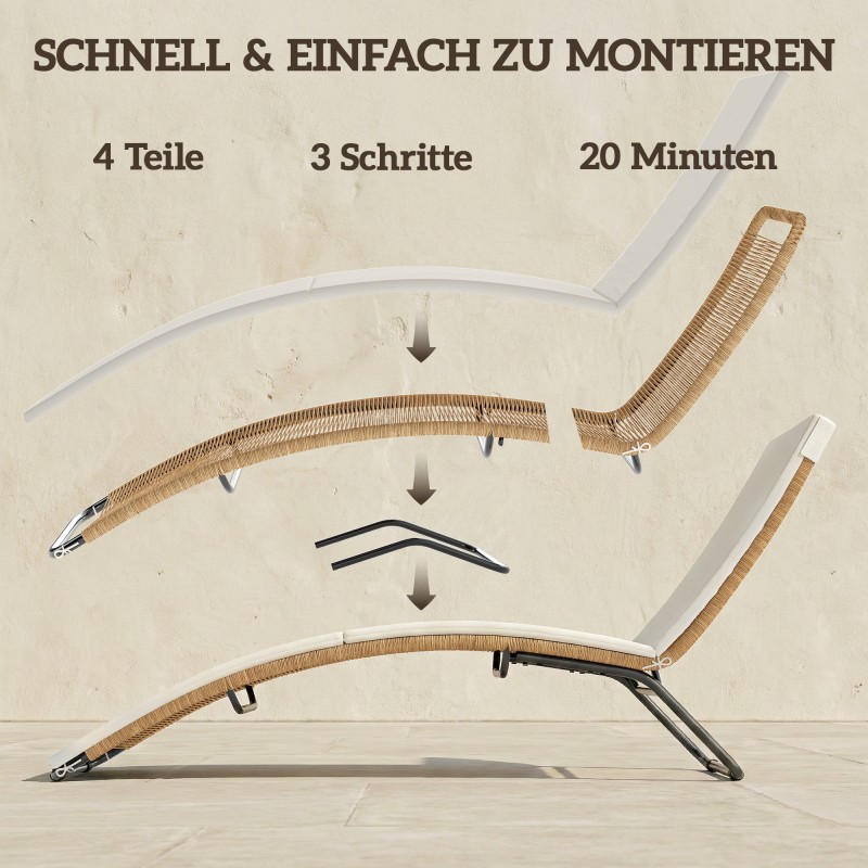 Polyrottinkinen aurinkotuoli ulkokäyttöön, S-mallinen lepotuoli pehmusteella, teräsrunko, creme/natur/musta