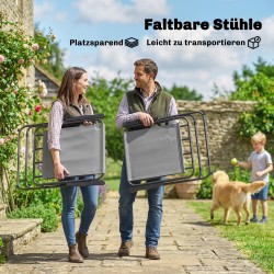 Puutarhakalustesetti ulkokäyttöön, lasipöytä 119 x 68 cm, 6 taittotuolia ja aurinkovarjo, musta/harmaa