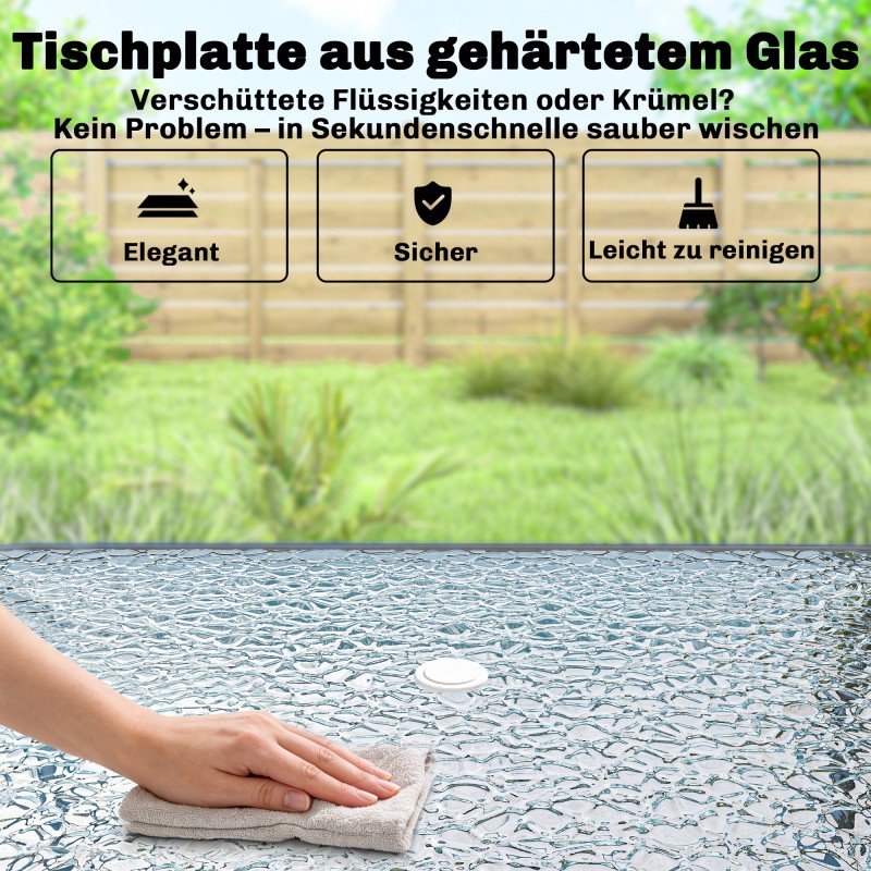 Puutarhakalustesetti ulkokäyttöön, lasipöytä 119 x 68 cm, 6 taittotuolia ja aurinkovarjo, musta/harmaa