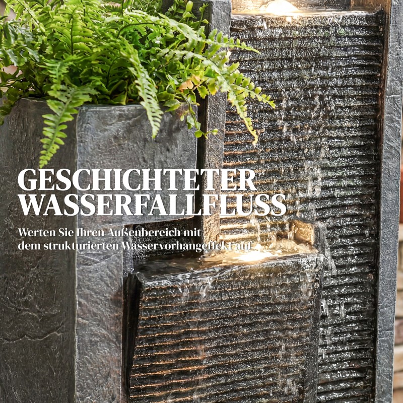 Puutarhasuihkulähde 3-tasoinen istutusastialla, hartsi, 38 x 19 x 101 cm, tummanharmaa, LED