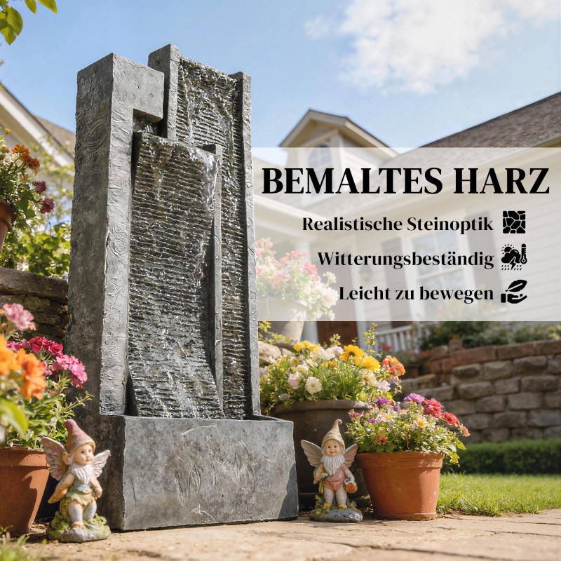 Puutarhasuihkulähde 3-tasoinen istutusastialla, hartsi, 38 x 19 x 101 cm, tummanharmaa, LED