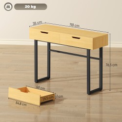 Kapea konsolipöytä eteiseen, 2 laatikkoa, lastulevy ja metallirunko, 110 x 35 x 76,5 cm, luonnonpuu/musta