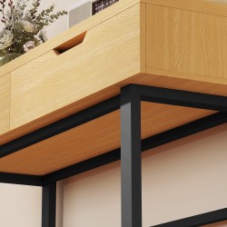 Kapea konsolipöytä eteiseen, 2 laatikkoa, lastulevy ja metallirunko, 110 x 35 x 76,5 cm, luonnonpuu/musta