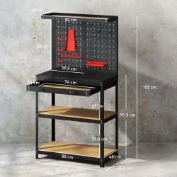 Työpöytä / työpenkki reikälevyllä ja hyllyillä 80 x 40,5 x 155 cm, teräs/MDF, musta