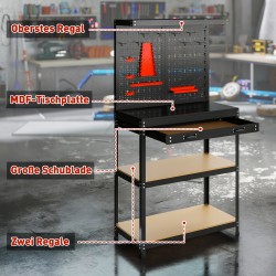 Työpöytä / työpenkki reikälevyllä ja hyllyillä 80 x 40,5 x 155 cm, teräs/MDF, musta