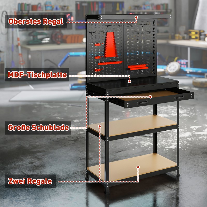 Työpöytä / työpenkki reikälevyllä ja hyllyillä 80 x 40,5 x 155 cm, teräs/MDF, musta