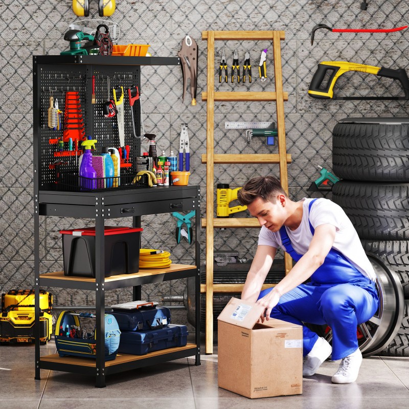 Työpöytä / työpenkki reikälevyllä ja hyllyillä 80 x 40,5 x 155 cm, teräs/MDF, musta