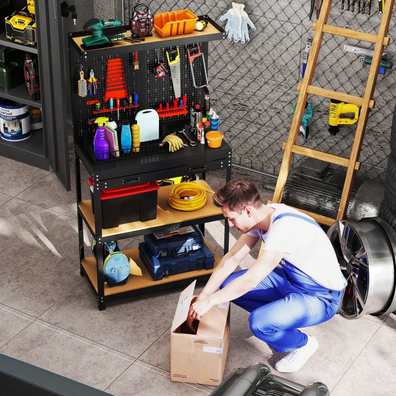 Työpöytä / työpenkki reikälevyllä ja hyllyillä 80 x 40,5 x 155 cm, teräs/MDF, musta