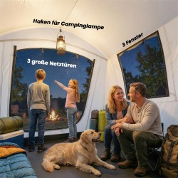 Ilmateltta camping-käyttöön 2–4 hengelle 465 x 265 x 220 cm ruskea, pumppu ja kiilat mukana