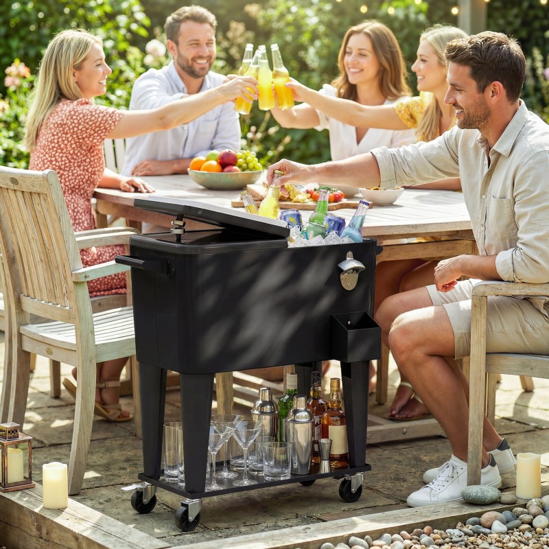 Ulkokäyttöön juomavaunu kylmäosalla 76 l, hyllyllä ja pyörillä, musta