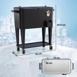 Ulkokäyttöön juomavaunu kylmäosalla 76 l, hyllyllä ja pyörillä, musta