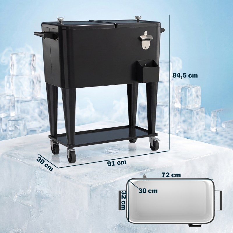 Ulkokäyttöön juomavaunu kylmäosalla 76 l, hyllyllä ja pyörillä, musta