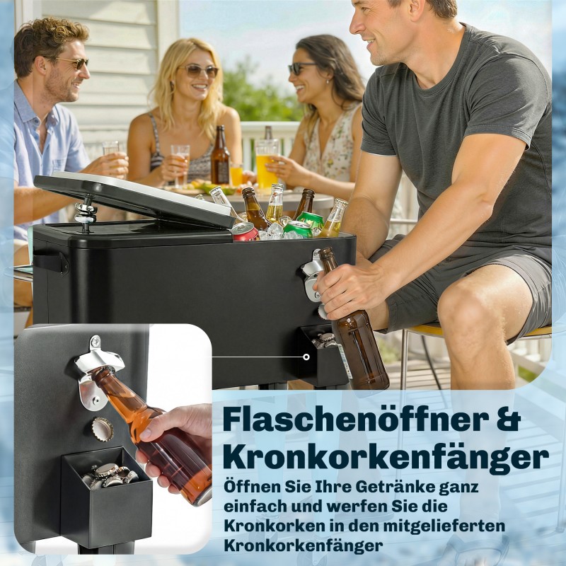 Ulkokäyttöön juomavaunu kylmäosalla 76 l, hyllyllä ja pyörillä, musta