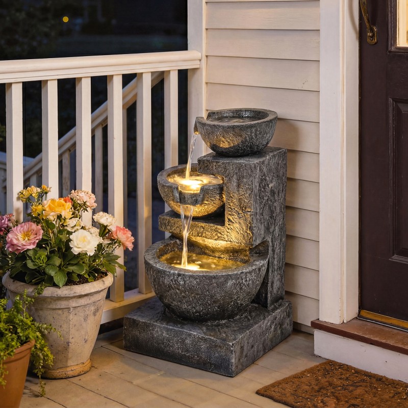 Puutarhasuihkulähde 3-tasoinen LED-valaistuksella, säädettävä pumppu, hartsia, 40 x 37 x 61 cm