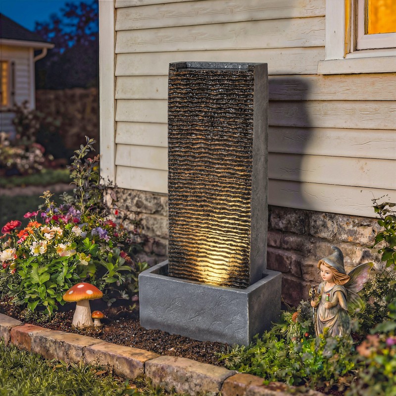 Kaksitasoinen puutarhan vesiaihe LED-valolla, hartsi, 37,5 x 22 x 80 cm, harmaa