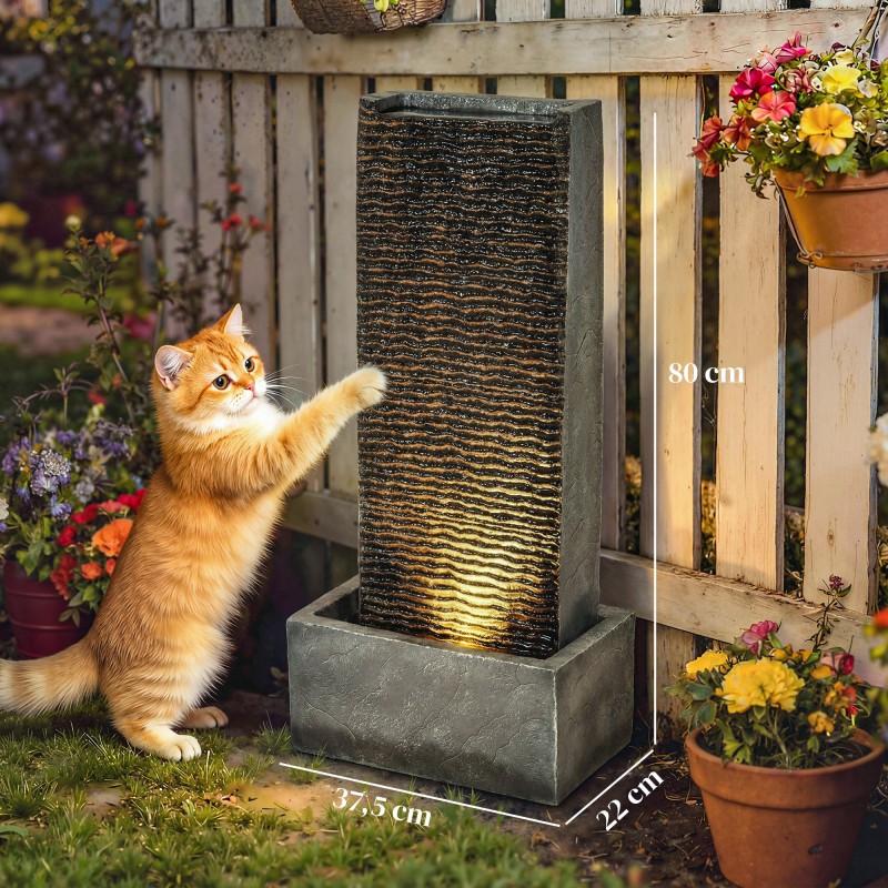 Kaksitasoinen puutarhan vesiaihe LED-valolla, hartsi, 37,5 x 22 x 80 cm, harmaa