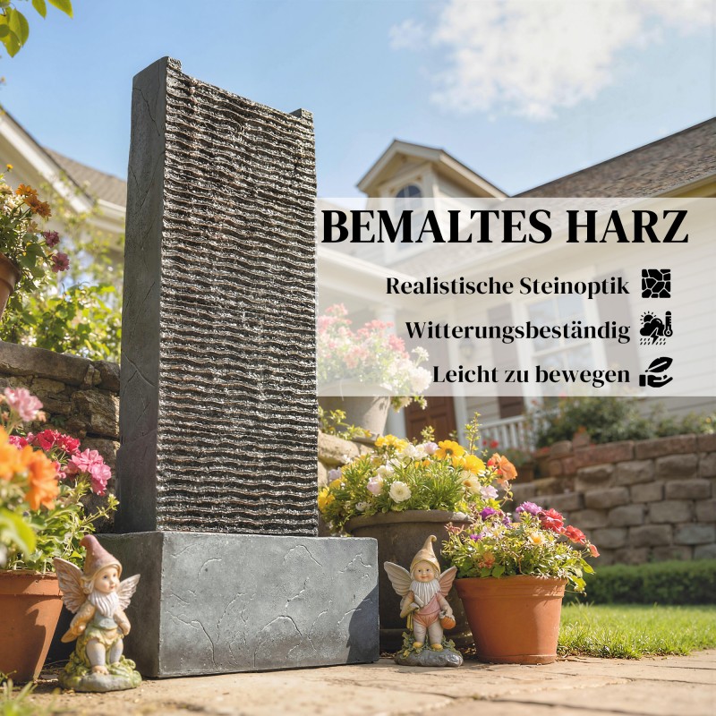 Kaksitasoinen puutarhan vesiaihe LED-valolla, hartsi, 37,5 x 22 x 80 cm, harmaa