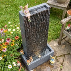 Kaksitasoinen puutarhan vesiaihe LED-valolla, hartsi, 37,5 x 22 x 80 cm, harmaa