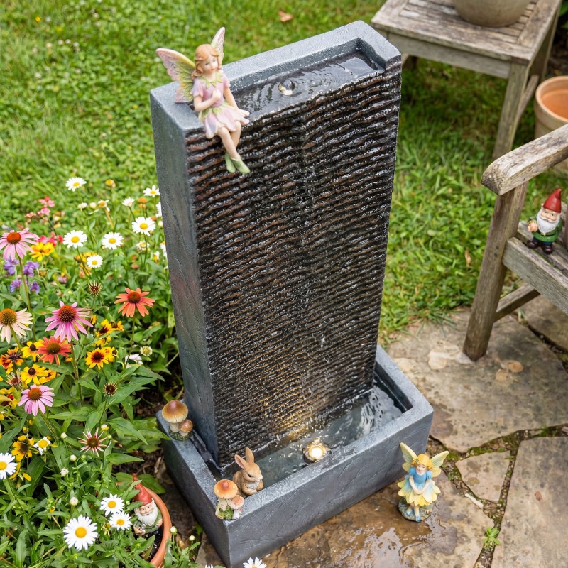 Kaksitasoinen puutarhan vesiaihe LED-valolla, hartsi, 37,5 x 22 x 80 cm, harmaa