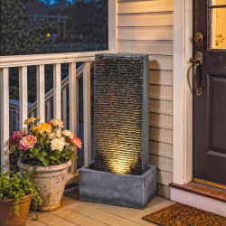 Kaksitasoinen puutarhan vesiaihe LED-valolla, hartsi, 37,5 x 22 x 80 cm, harmaa