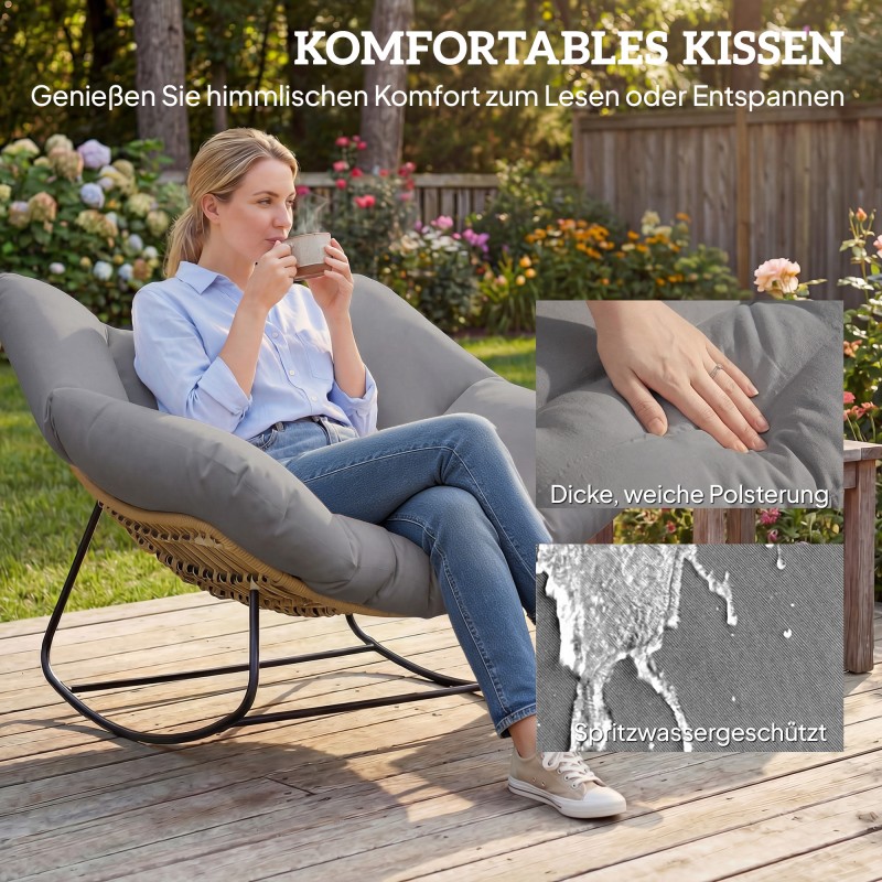 Keinutuoli sisä- ja ulkokäyttöön, teräsrunko ja PE-punos, tyyny 136x128 cm, kantavuus 120 kg, harmaa