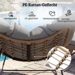 Keinutuoli sisä- ja ulkokäyttöön, teräsrunko ja PE-punos, tyyny 136x128 cm, kantavuus 120 kg, harmaa