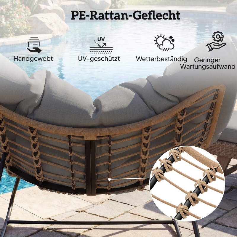 Keinutuoli sisä- ja ulkokäyttöön, teräsrunko ja PE-punos, tyyny 136x128 cm, kantavuus 120 kg, harmaa