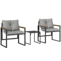 Bistrosetti 2 hengelle ulkokäyttöön 3 osainen metallirunko ja paksut harmaat pehmusteet musta teak