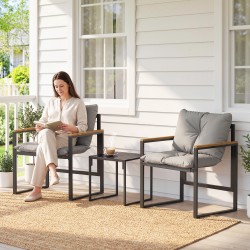 Bistrosetti 2 hengelle ulkokäyttöön, 3-osainen, metallirunko ja paksut harmaat pehmusteet, musta/teak