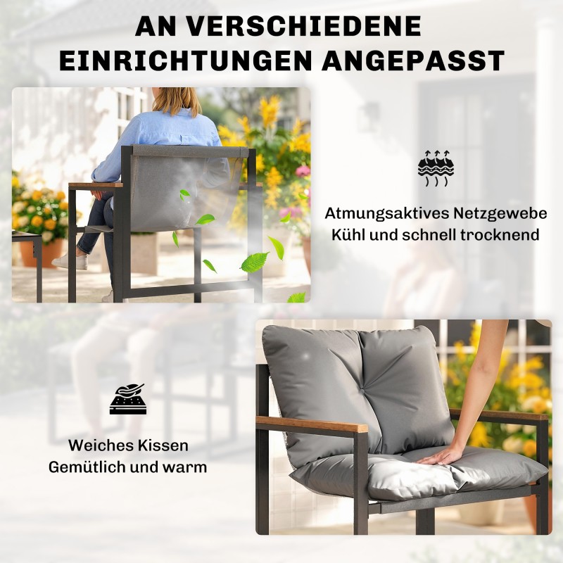 Bistrosetti 2 hengelle ulkokäyttöön, 3-osainen, metallirunko ja paksut harmaat pehmusteet, musta/teak