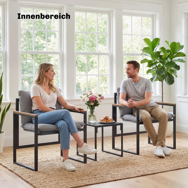 Bistrosetti 2 hengelle ulkokäyttöön, 3-osainen, metallirunko ja paksut harmaat pehmusteet, musta/teak