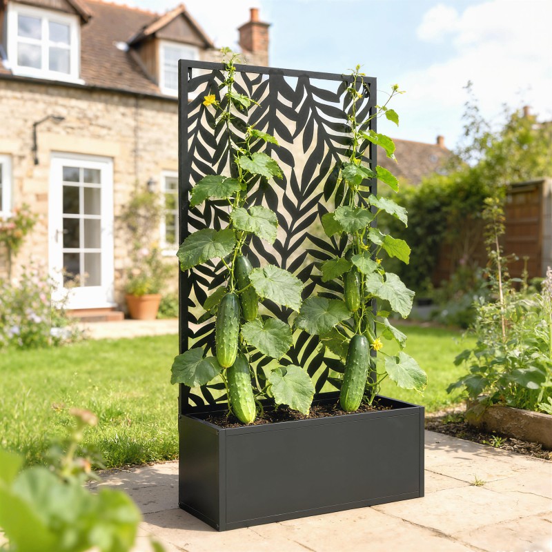 Metallinen parvekelaatikko köynnösritilällä 61 x 23 x 113 cm noin 20 l musta