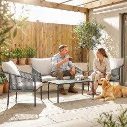 Polyrottinki oleskeluryhmä ulos 4-osainen, sohva, 2 nojatuolia ja pöytä, khaki/vaaleanharmaa/musta