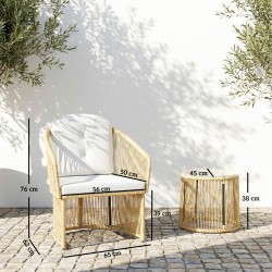 Rottinkityylinen bistrosetti ulkokäyttöön, 3-osainen puutarhakalustesetti, pöytä ja 2 tuolia, luonnonväri/cremevalkoinen