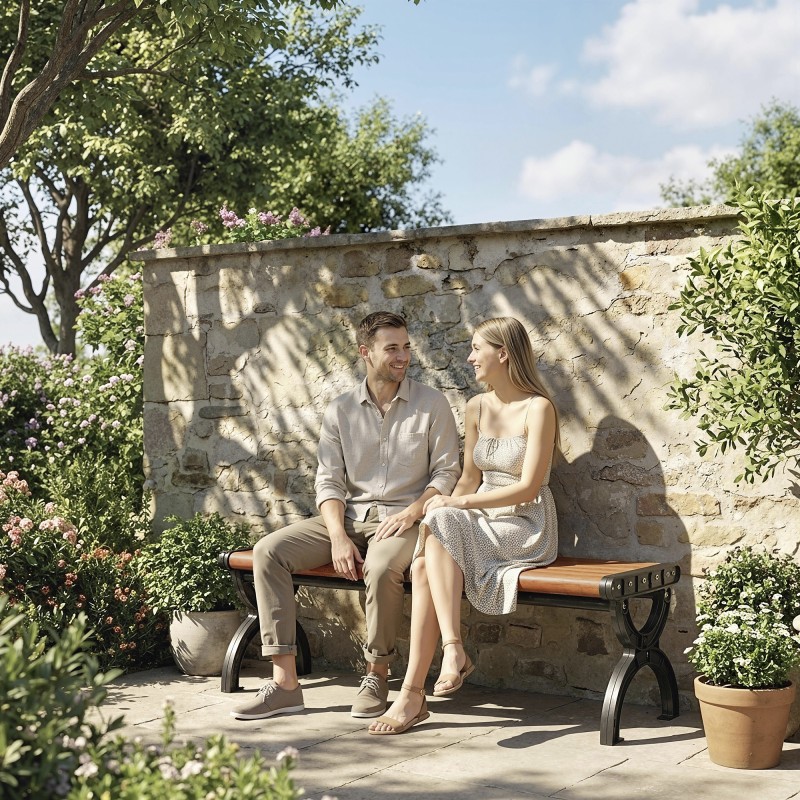 Pihapenkki 2-hengen ulkopenkki metallirunko ja rimalistaistuin 124 x 39 x 39 cm puunsyykuvio musta