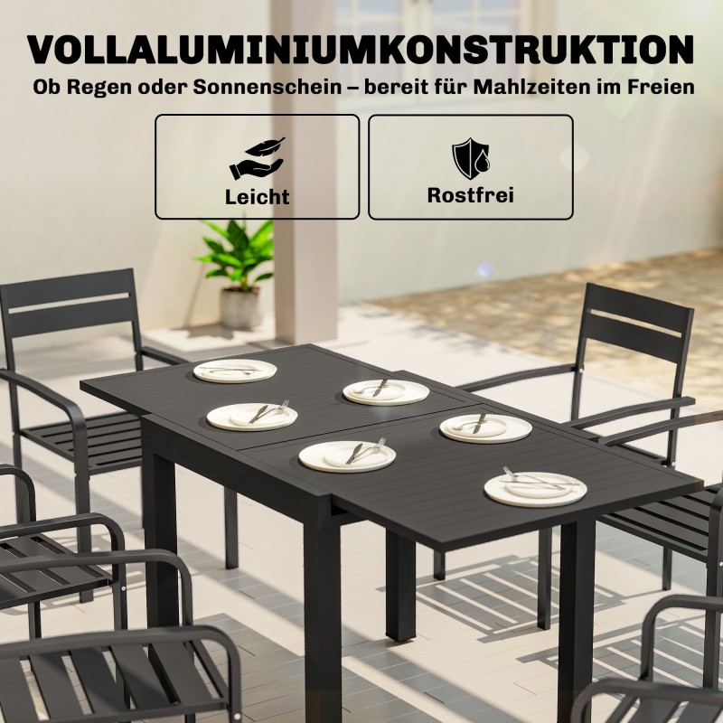 Jatkettava ulkoruokapöytä alumiinia 80–160 x 80 cm 4–6 hengelle musta