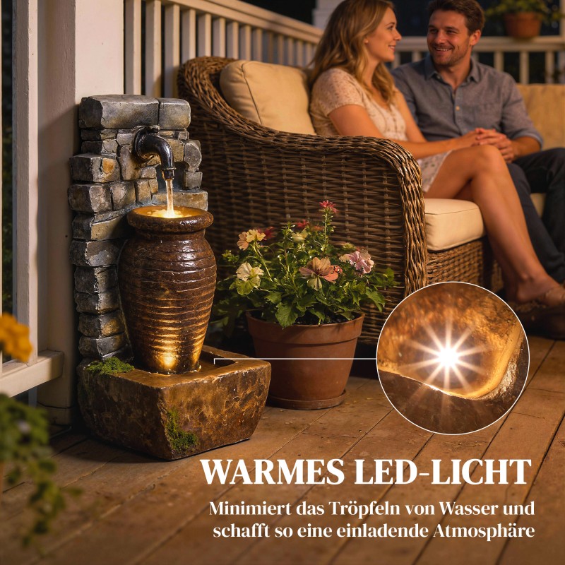 Puutarhasuihkulähde ulkokäyttöön, 3-tasoinen kiviseinä ja kannu, säädettävä vedenvirtaus, LED-valot, hartsi 26x20,5x57 cm