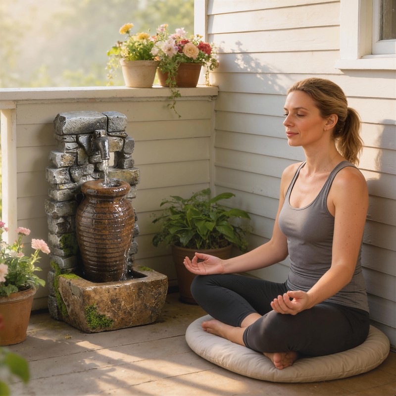 Puutarhasuihkulähde ulkokäyttöön, 3-tasoinen kiviseinä ja kannu, säädettävä vedenvirtaus, LED-valot, hartsi 26x20,5x57 cm