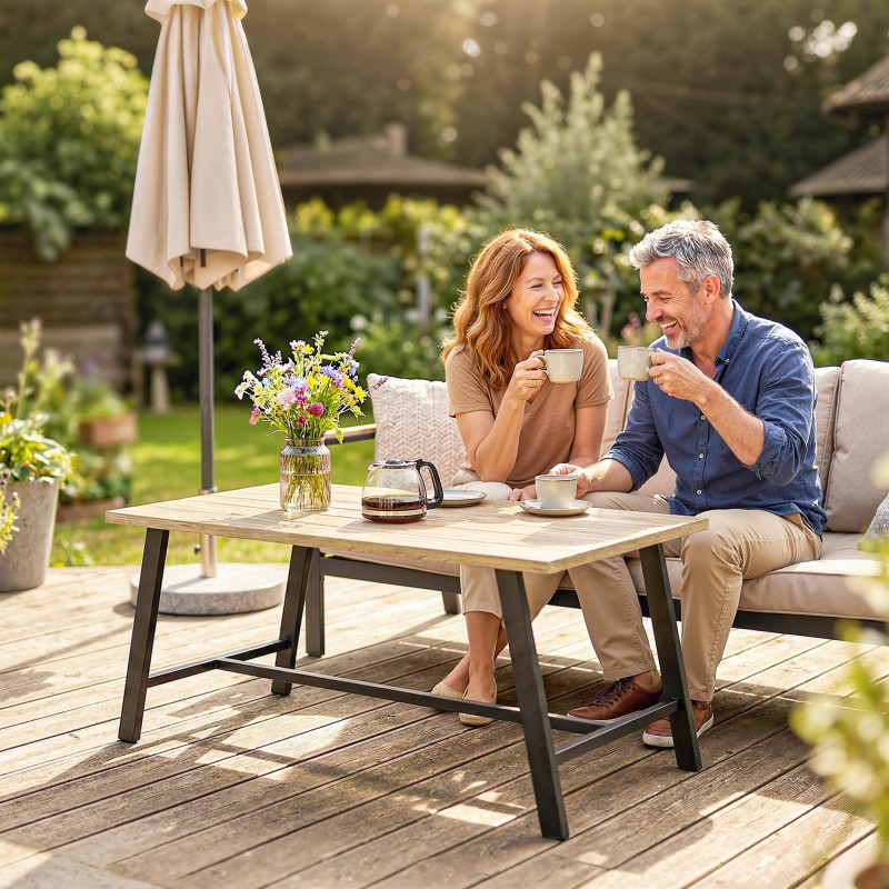 Ulkosohvapöytä metallirungolla ja puunsyykuvioidulla kannella 100 x 55 cm ruskea-musta