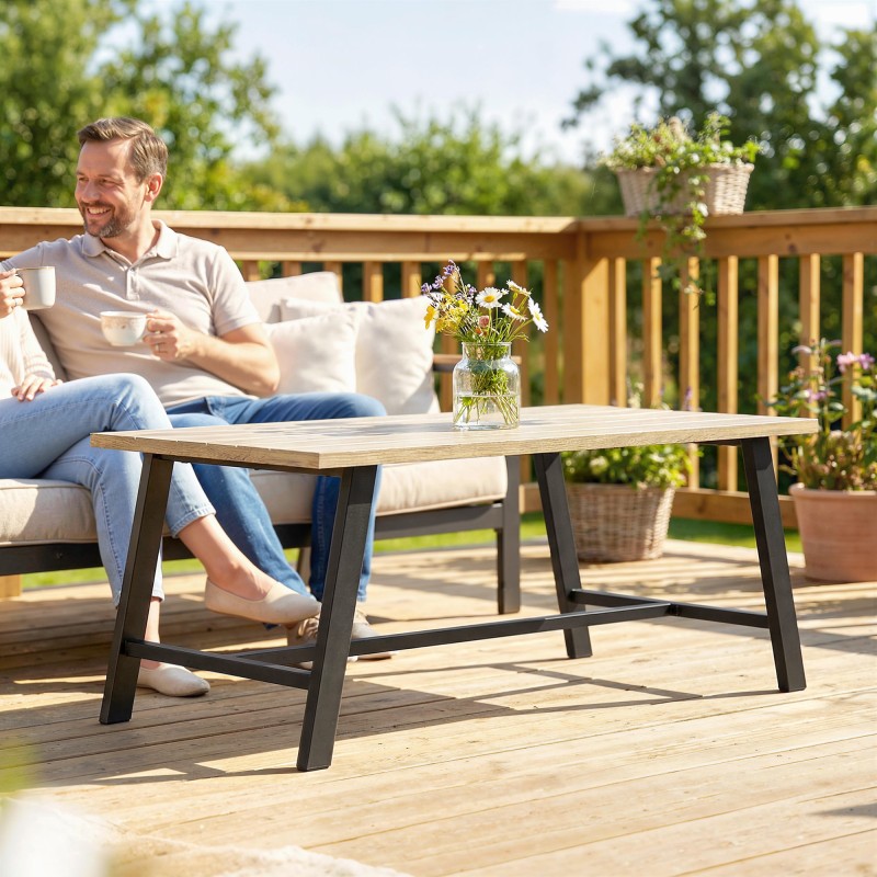 Ulkosohvapöytä metallirungolla ja puunsyykuvioidulla kannella 100 x 55 cm ruskea-musta