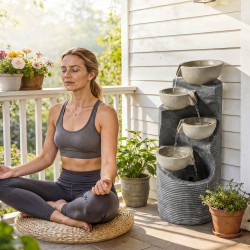 Puutarhasuihkulähde 5-tasoinen, LED-valoilla ja pumpulla, hartsia, kivimäinen, 33 x 31 x 80 cm