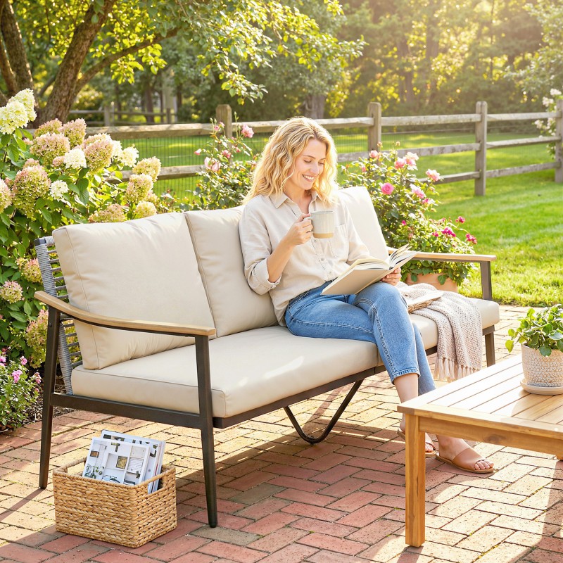 Kolmen istuttava ulkosohva polyrottinkia, teräsrunko, 176x75x78 cm, harmaanruskea / khaki