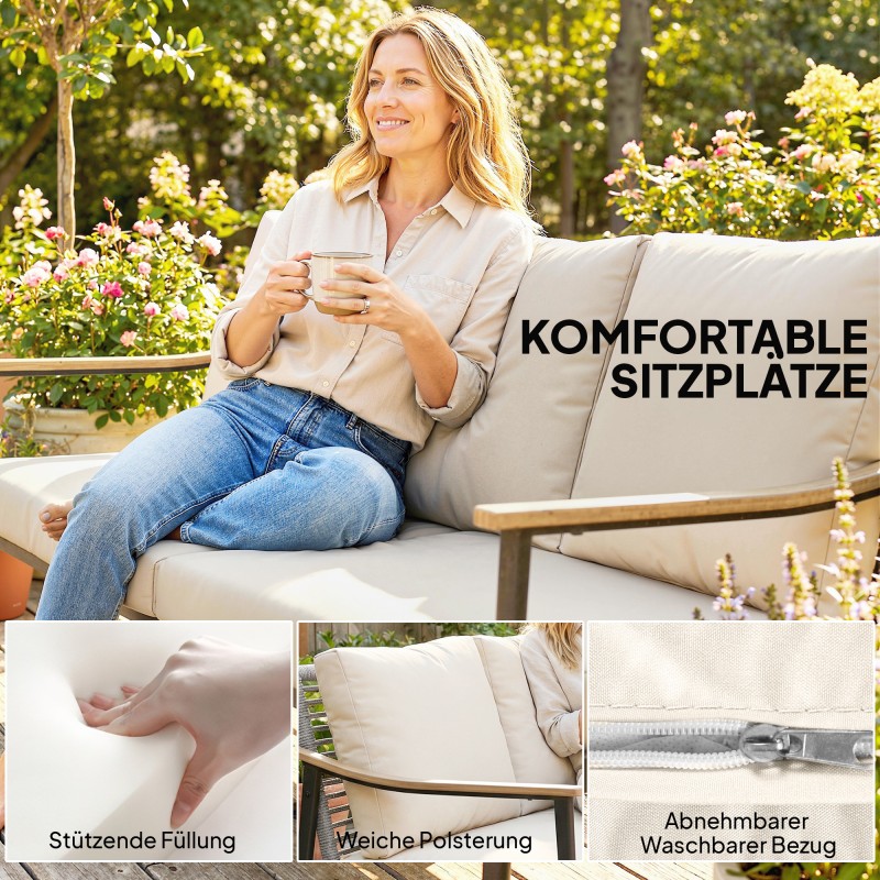 Kolmen istuttava ulkosohva polyrottinkia, teräsrunko, 176x75x78 cm, harmaanruskea / khaki