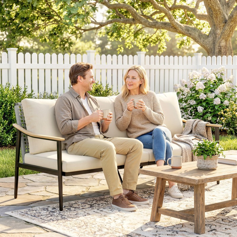 Kolmen istuttava ulkosohva polyrottinkia, teräsrunko, 176x75x78 cm, harmaanruskea / khaki